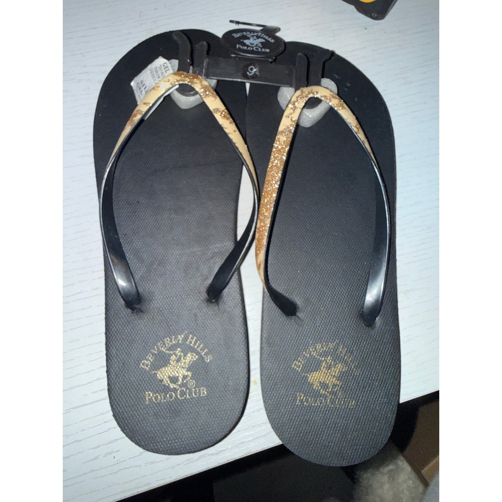 Beverly Hills Polo Club Womens Flip Flop Sandals Black Gold Glitter Size 9